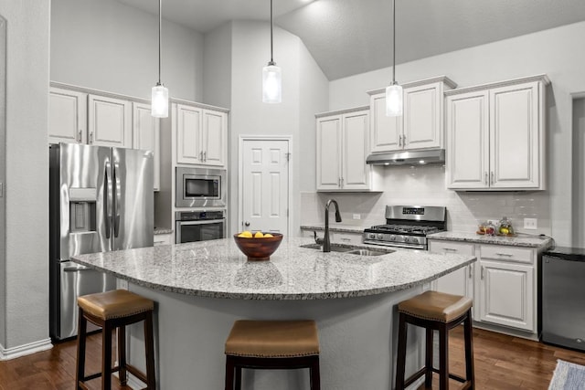 232 Mandana St, Leander, TX 78641 - kitchen featuring appliances with stainless steel finishes, under cabinet range hood, a breakfast bar area, tasteful backsplash, and dark wood finished floors