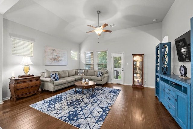 232 Mandana St, Leander, TX 78641 - living area with ceiling fan, dark wood-style floors, and high vaulted ceiling