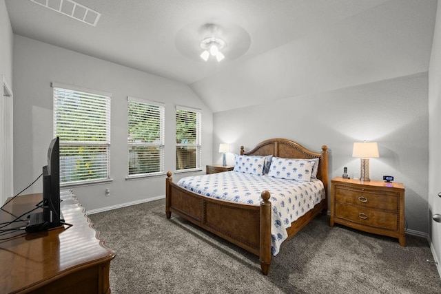 232 Mandana St, Leander, TX 78641 - bedroom featuring carpet floors, vaulted ceiling, and ceiling fan