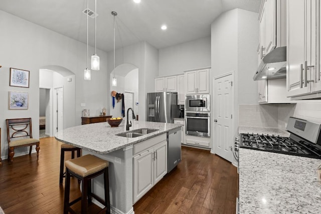 232 Mandana St, Leander, TX 78641 - kitchen with stainless steel appliances, arched walkways, under cabinet range hood, light stone counters, and white cabinetry