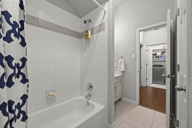 232 Mandana St, Leander, TX 78641 - full bath featuring shower / bath combo with shower curtain, tile patterned flooring, and vanity
