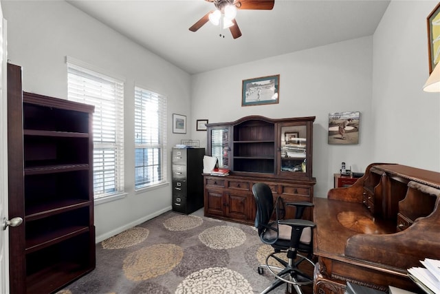 232 Mandana St, Leander, TX 78641 - carpeted home office with a ceiling fan and baseboards