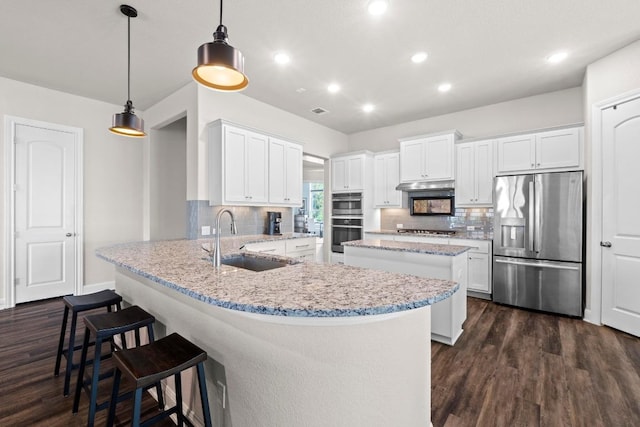1329 Siena Sunset Rd, Leander, TX 78641 - kitchen featuring stainless steel appliances, dark wood-style flooring, tasteful backsplash, and recessed lighting