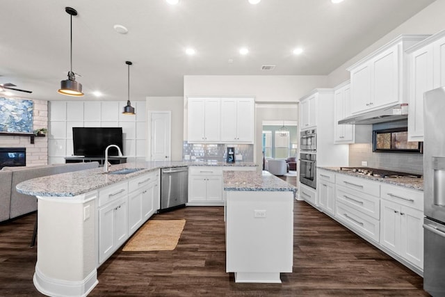 1329 Siena Sunset Rd, Leander, TX 78641 - kitchen featuring stainless steel appliances, decorative backsplash, under cabinet range hood, a kitchen island, and open floor plan