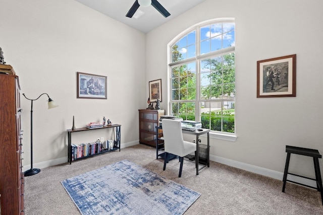 1329 Siena Sunset Rd, Leander, TX 78641 - carpeted home office with a ceiling fan and baseboards