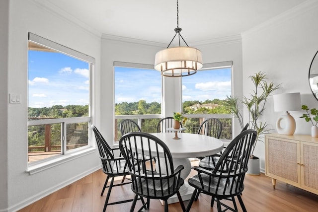 18113 Travis Dr, Lago Vista, TX 78645 - dining area with light wood-style flooring, ornamental molding, and a chandelier