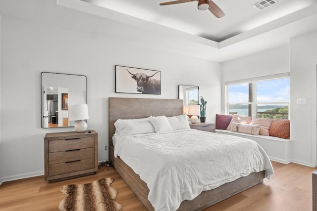 18113 Travis Dr, Lago Vista, TX 78645 - bedroom featuring a raised ceiling, light wood-style flooring, and a ceiling fan