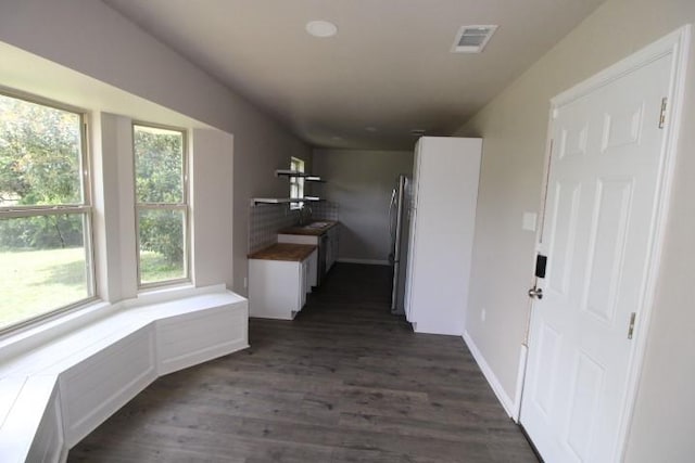 1109 W Lincoln Ave, Copperas Cove, TX 76522 - kitchen with healthy amount of natural light, dark wood-style flooring, and freestanding refrigerator