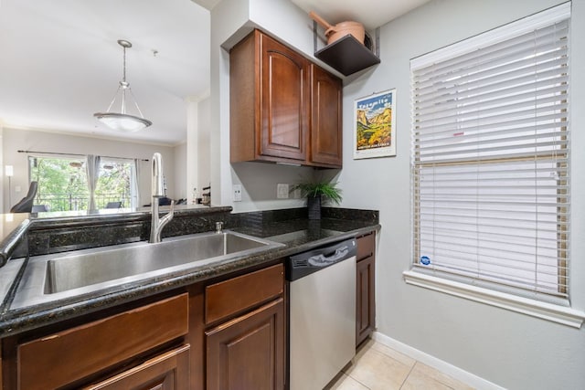 6000 Shepherd Mountain Cv Unit 613, Austin, TX 78730 - kitchen with dishwasher, light tile patterned flooring, ornamental molding, brown cabinets, and hanging light fixtures