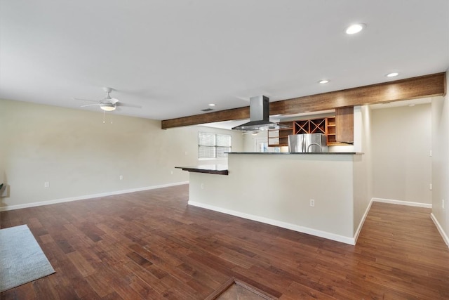 6202 Hillston Dr, Austin, TX 78745 - kitchen featuring island exhaust hood, open shelves, freestanding refrigerator, ceiling fan, and recessed lighting