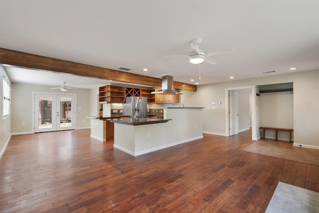 6202 Hillston Dr, Austin, TX 78745 - kitchen with stainless steel fridge, a ceiling fan, island range hood, open shelves, and recessed lighting