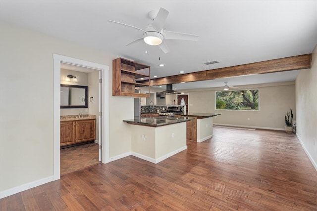 6202 Hillston Dr, Austin, TX 78745 - kitchen with a peninsula, open shelves, ceiling fan, dark wood finished floors, and open floor plan
