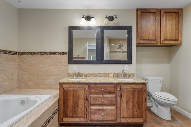 6202 Hillston Dr, Austin, TX 78745 - bathroom featuring a garden tub, double vanity, and a tile shower