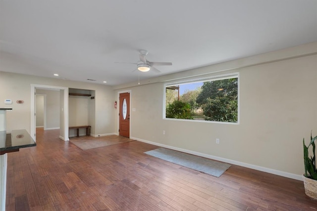 6202 Hillston Dr, Austin, TX 78745 - unfurnished living room featuring ceiling fan, hardwood / wood-style flooring, and recessed lighting