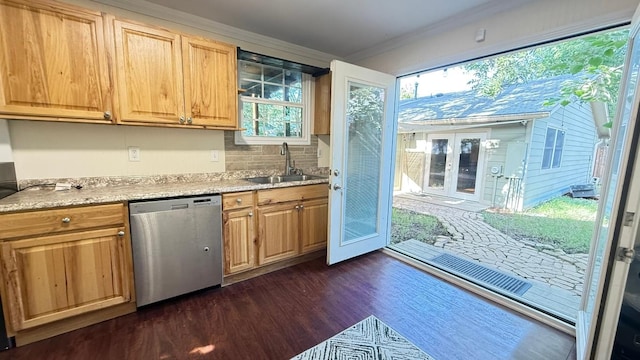 6202 Hillston Dr, Austin, TX 78745 - bar featuring dishwasher, ornamental molding, dark wood-type flooring, and decorative backsplash