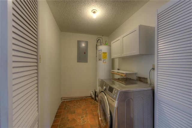 1811 Lone Oak Dr, Leander, TX 78641 - washroom with water heater, electric panel, cabinet space, washing machine and clothes dryer, and a textured ceiling