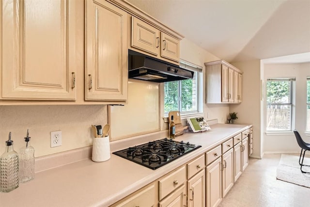 1108 Red Ranch Cir, Cedar Park, TX 78613 - kitchen with under cabinet range hood, black gas cooktop, light countertops, and healthy amount of natural light