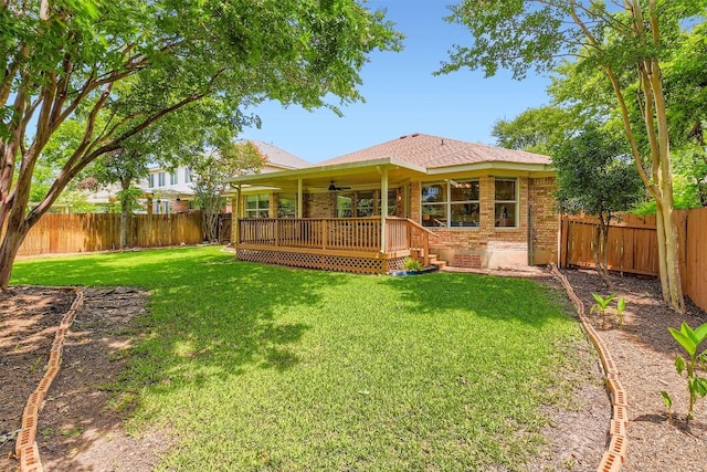 1108 Red Ranch Cir, Cedar Park, TX 78613 - back of house featuring ceiling fan, a fenced backyard, a deck, and brick siding