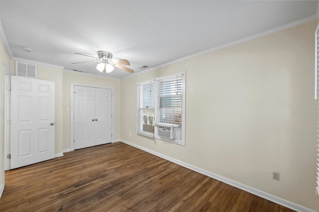 1110 W 22nd St Unit 1, Austin, TX 78705 - unfurnished bedroom with wood finished floors, crown molding, cooling unit, a closet, and ceiling fan