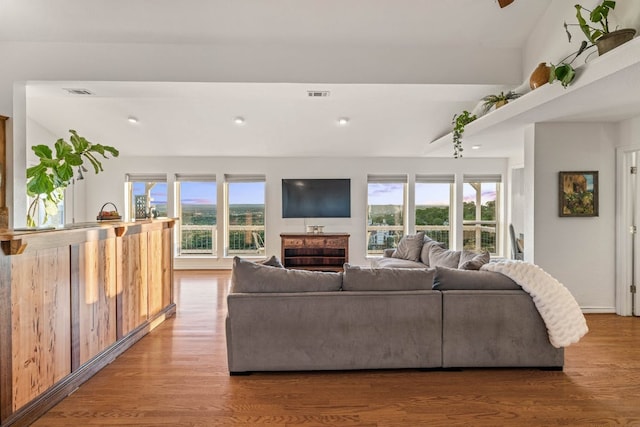 8132 Breeze Way, Jonestown, TX 78645 - living room featuring wood finished floors and recessed lighting