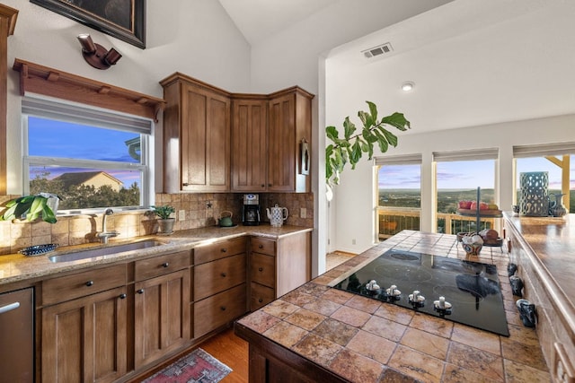 8132 Breeze Way, Jonestown, TX 78645 - kitchen featuring plenty of natural light, black electric stovetop, backsplash, lofted ceiling, and brown cabinetry