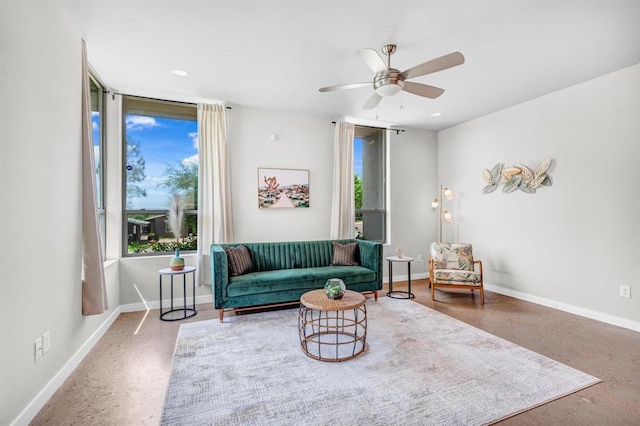 5325 Sendero Hills Pkwy, Austin, TX 78724 - living area featuring ceiling fan, recessed lighting, and speckle patterned floor