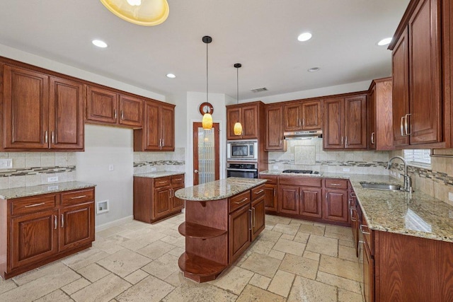 11421 Dona Villa Dr, Austin, TX 78726 - kitchen with stainless steel appliances, under cabinet range hood, backsplash, recessed lighting, and open shelves