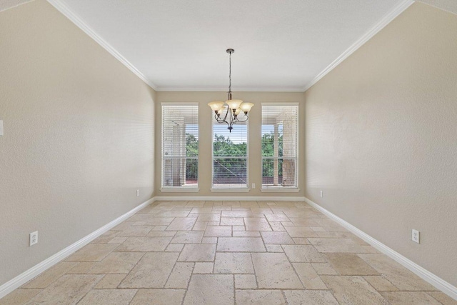 11421 Dona Villa Dr, Austin, TX 78726 - unfurnished dining area featuring stone tile floors, a chandelier, and ornamental molding
