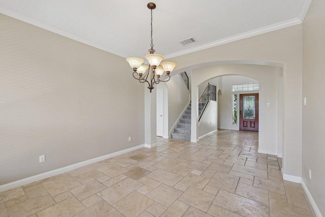 11421 Dona Villa Dr, Austin, TX 78726 - spare room featuring stone tile flooring, a chandelier, arched walkways, ornamental molding, and stairs