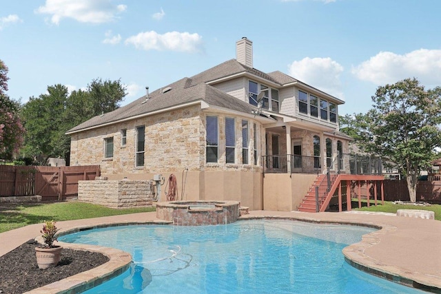 11421 Dona Villa Dr, Austin, TX 78726 - view of pool with stairway, a fenced backyard, a pool with connected hot tub, and a wooden deck