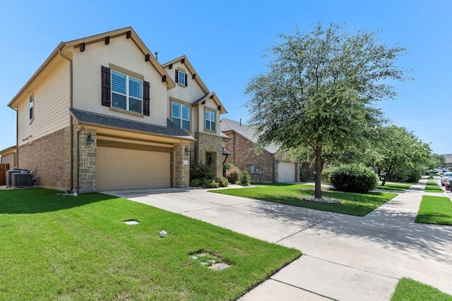 1702 Ambling Trl, Cedar Park, TX 78613 - view of front of property with concrete driveway, stone siding, an attached garage, a front lawn, and stucco siding