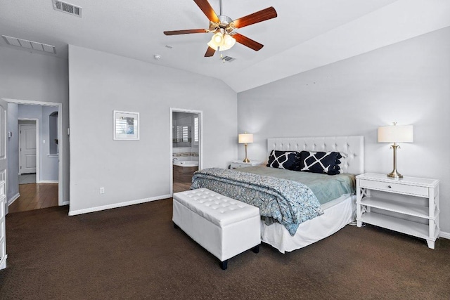1702 Ambling Trl, Cedar Park, TX 78613 - bedroom featuring carpet, vaulted ceiling, connected bathroom, and a ceiling fan