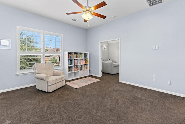 1702 Ambling Trl, Cedar Park, TX 78613 - sitting room with a ceiling fan and dark carpet