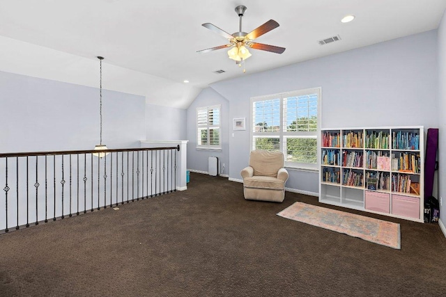 1702 Ambling Trl, Cedar Park, TX 78613 - living area with a ceiling fan, vaulted ceiling, carpet, and recessed lighting