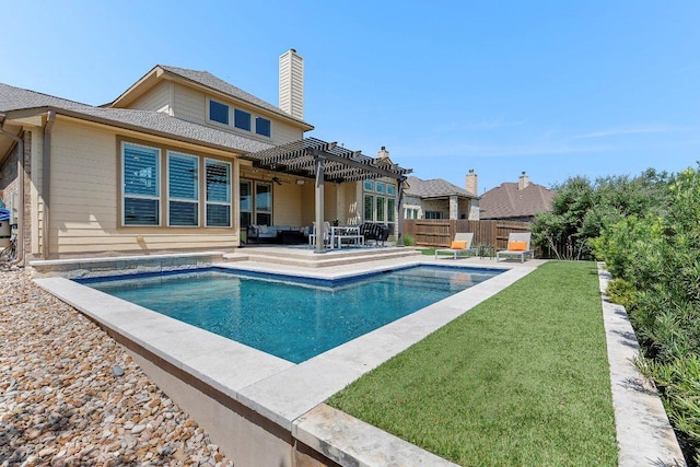 1702 Ambling Trl, Cedar Park, TX 78613 - back of property with a pergola, a patio, an outdoor living space, roof with shingles, and a chimney