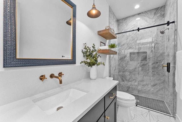 21408 Lakefront Dr, Lago Vista, TX 78645 - bathroom with vanity, a shower stall, and marble look tile flooring