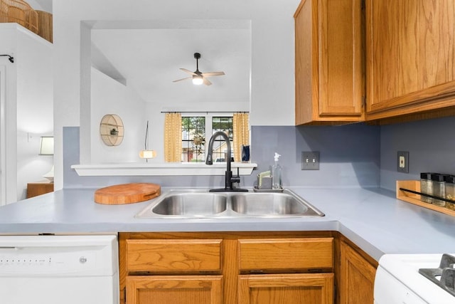 11901 Swearingen Dr Unit 43-I, Austin, TX 78758 - kitchen featuring dishwasher, ceiling fan, light countertops, stove, and lofted ceiling