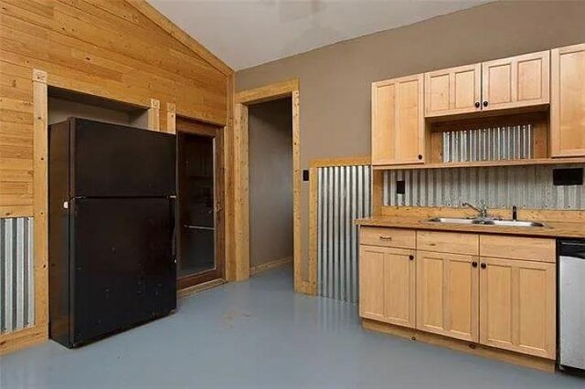 4901 County Road 210, Bertram, TX 78605 - kitchen featuring vaulted ceiling, finished concrete flooring, wood walls, dishwasher, and light countertops