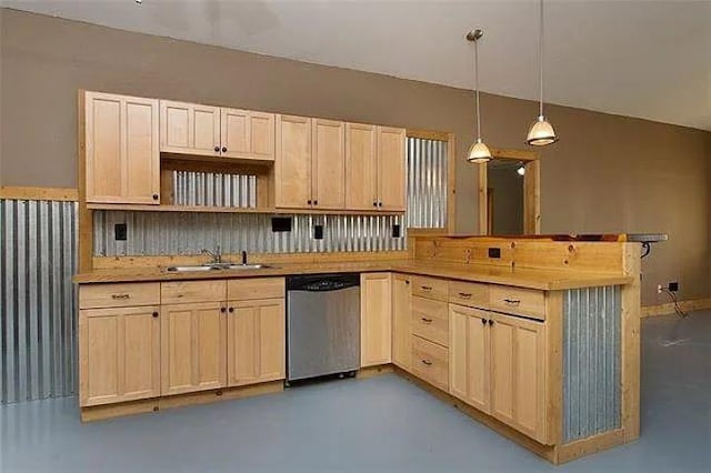 4901 County Road 210, Bertram, TX 78605 - kitchen with dishwasher, a peninsula, pendant lighting, finished concrete flooring, and light countertops