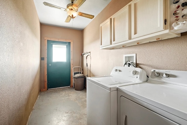 4901 County Road 210, Bertram, TX 78605 - laundry room with washer and clothes dryer, cabinet space, ceiling fan, and a textured wall