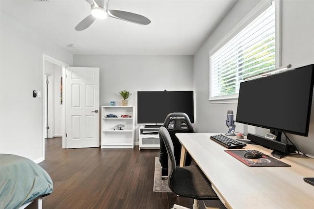 7314 Danwood Dr, Austin, TX 78759 - office area featuring dark wood-style floors and ceiling fan