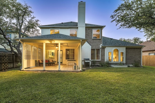 1104 Woodhollow Ln, Cedar Park, TX 78613 - rear view of property featuring a ceiling fan, roof with shingles, a chimney, and a wooden deck