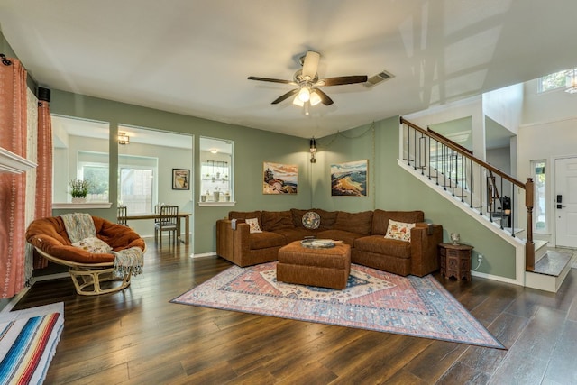 1104 Woodhollow Ln, Cedar Park, TX 78613 - living room featuring a ceiling fan, wood-type flooring, and stairway