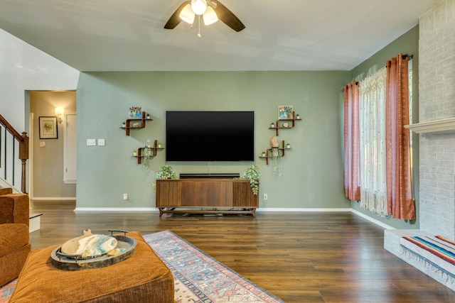 1104 Woodhollow Ln, Cedar Park, TX 78613 - living area with a ceiling fan, stairway, and wood finished floors