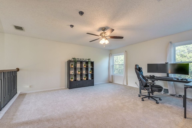 1104 Woodhollow Ln, Cedar Park, TX 78613 - home office with plenty of natural light, carpet floors, ceiling fan, and a textured ceiling