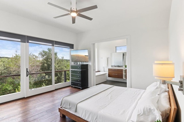 13008 Medina River Way, Austin, TX 78732 - bedroom featuring ensuite bath, dark wood-style floors, access to exterior, and a ceiling fan