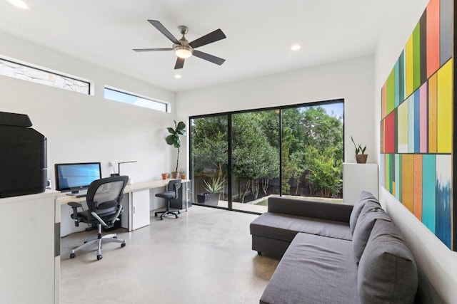13008 Medina River Way, Austin, TX 78732 - office area featuring recessed lighting, concrete floors, and a ceiling fan