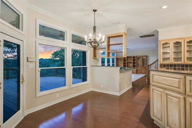 24205 State Highway 71 W, Spicewood, TX 78669 - kitchen featuring a chandelier, light brown cabinets, dark wood-style flooring, ornamental molding, and glass insert cabinets