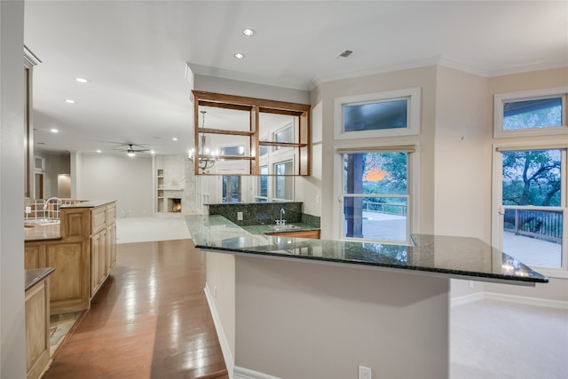 24205 State Highway 71 W, Spicewood, TX 78669 - kitchen featuring recessed lighting, crown molding, healthy amount of natural light, a ceiling fan, and dark stone countertops