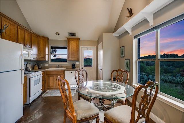 24205 State Highway 71 W, Spicewood, TX 78669 - kitchen featuring white appliances, lofted ceiling, light countertops, concrete flooring, and brown cabinets